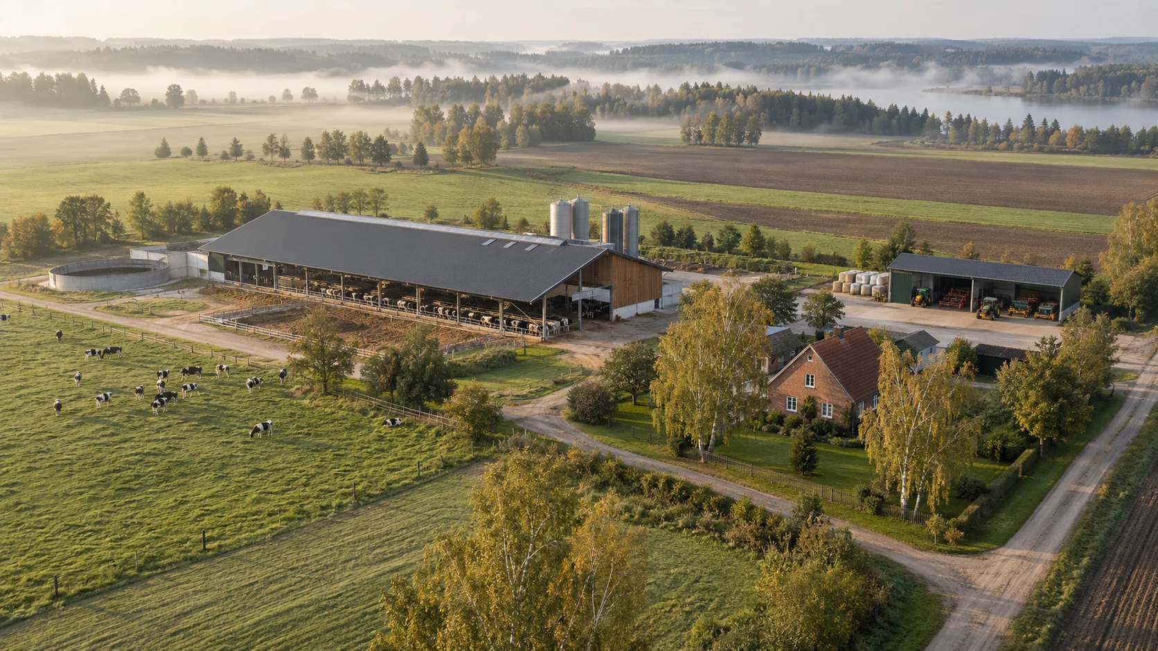 Panorama gospodarstwa i pól widzianych z drona