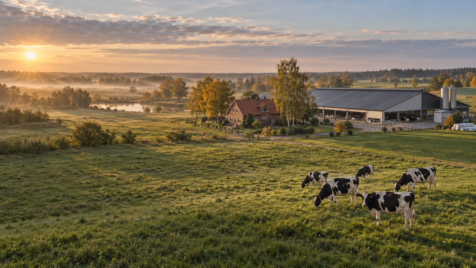 Widok z drona: pastwisko, rodzinny dom i nowoczesna obora w promieniach wschodzącego słońca